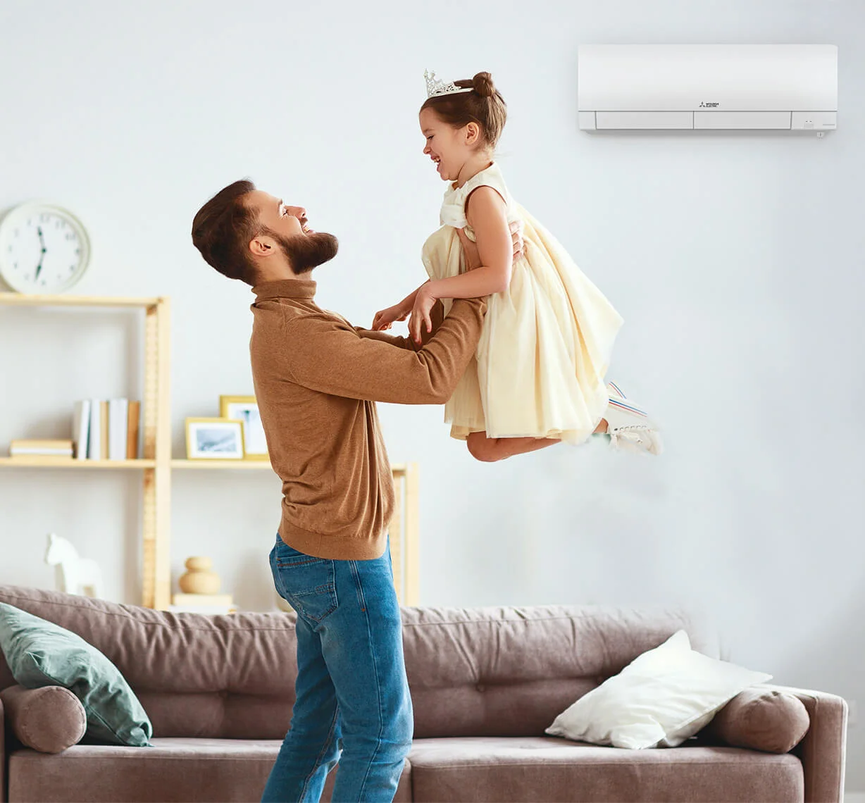 "A living room with a mini-split air conditioning unit installed, ensuring efficient cooling and comfort for the household