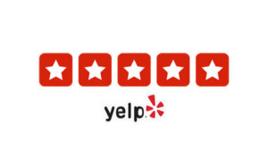 Yelp logo with a five-star rating displayed above it.